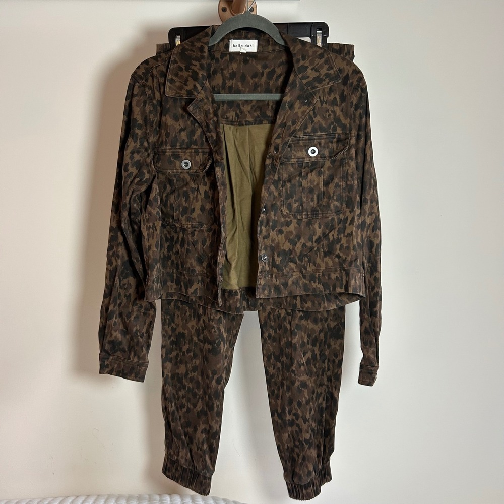 Bella Dahl Leopard Print Jacket Pants Set Women Size‎ XS/S Jogger Tracksuit